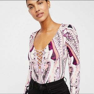 Free People Paisley Long Sleeve Bodysuit Size M Festival Boho NWT